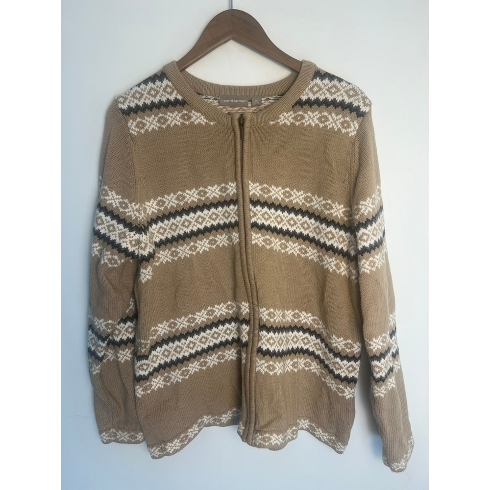 Croft & Barrow Wm XL Tan Fair Isle Full Zip Cardigan Sweater Nordic Boho Cottage